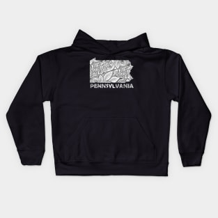 Mandala art map of Pennsylvania with text in white Kids Hoodie